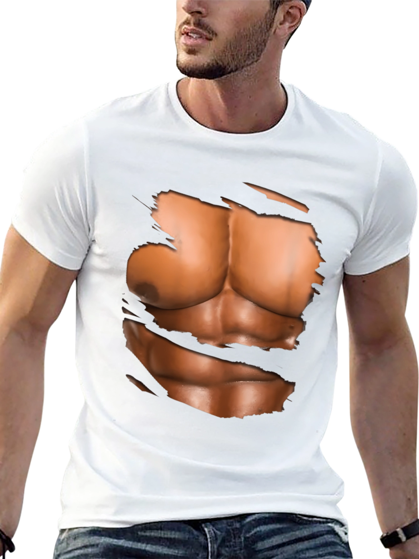 Black Ripped Abs Graphic T-Shirt - Novelty Muscle Design view 13