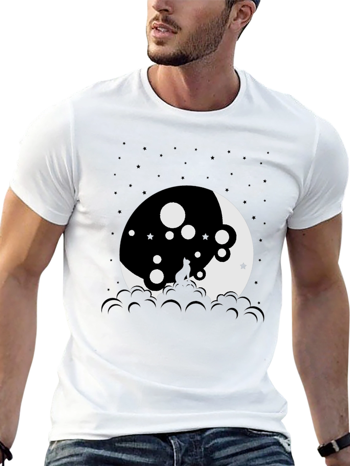 Black Moon Cat Graphic Tee - Black Cotton T-Shirt view 13