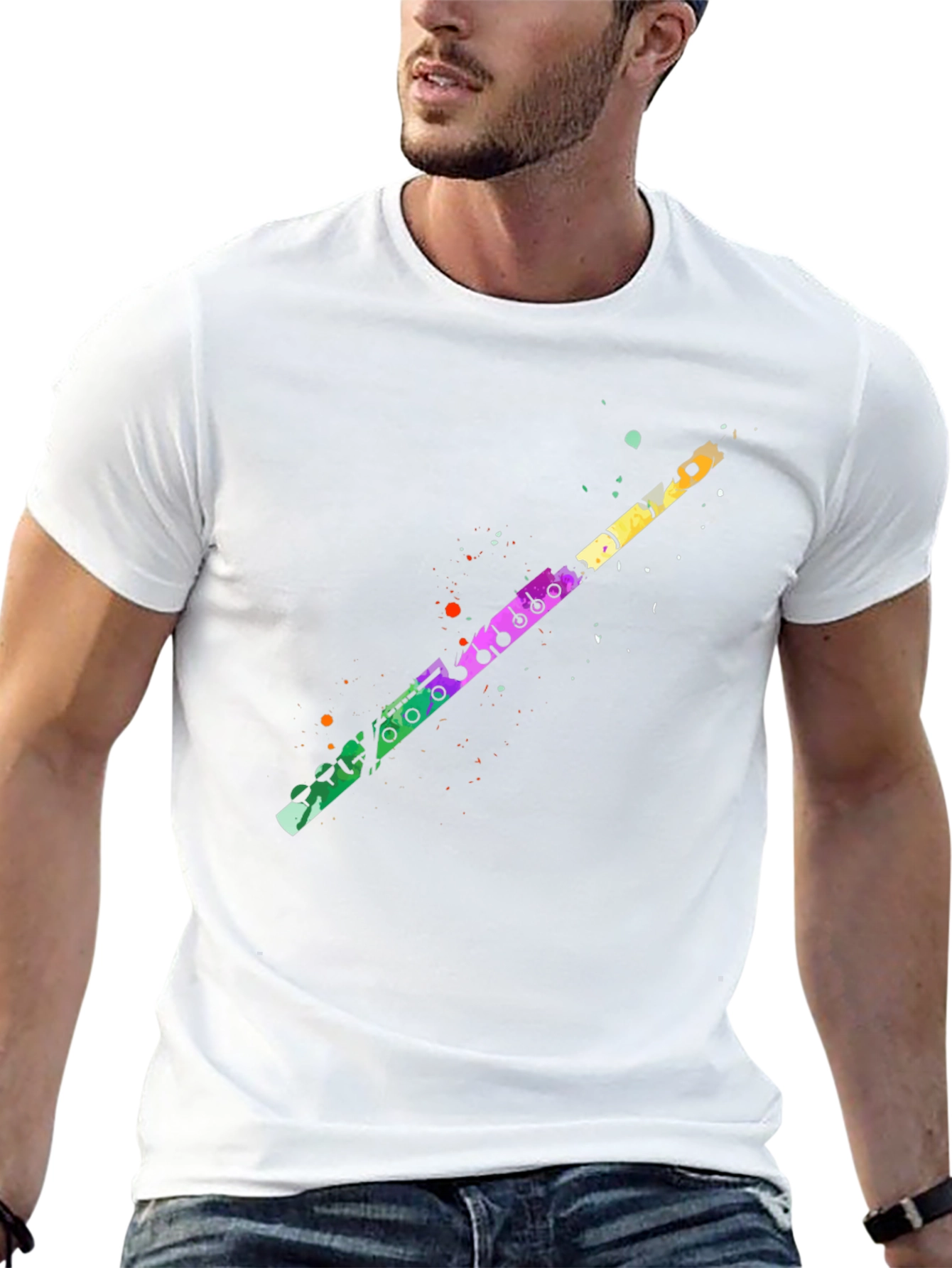 Black Colorful Flute Graphic Tee - Unisex Black T-Shirt view 13