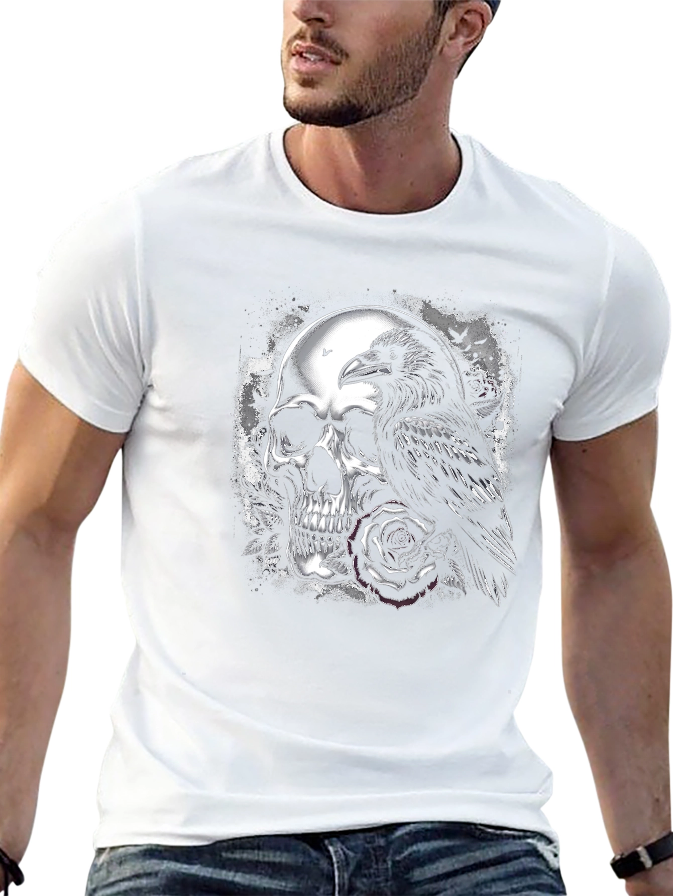 Black Raven and Skull Graphic T-Shirt - Gothic Style view 13