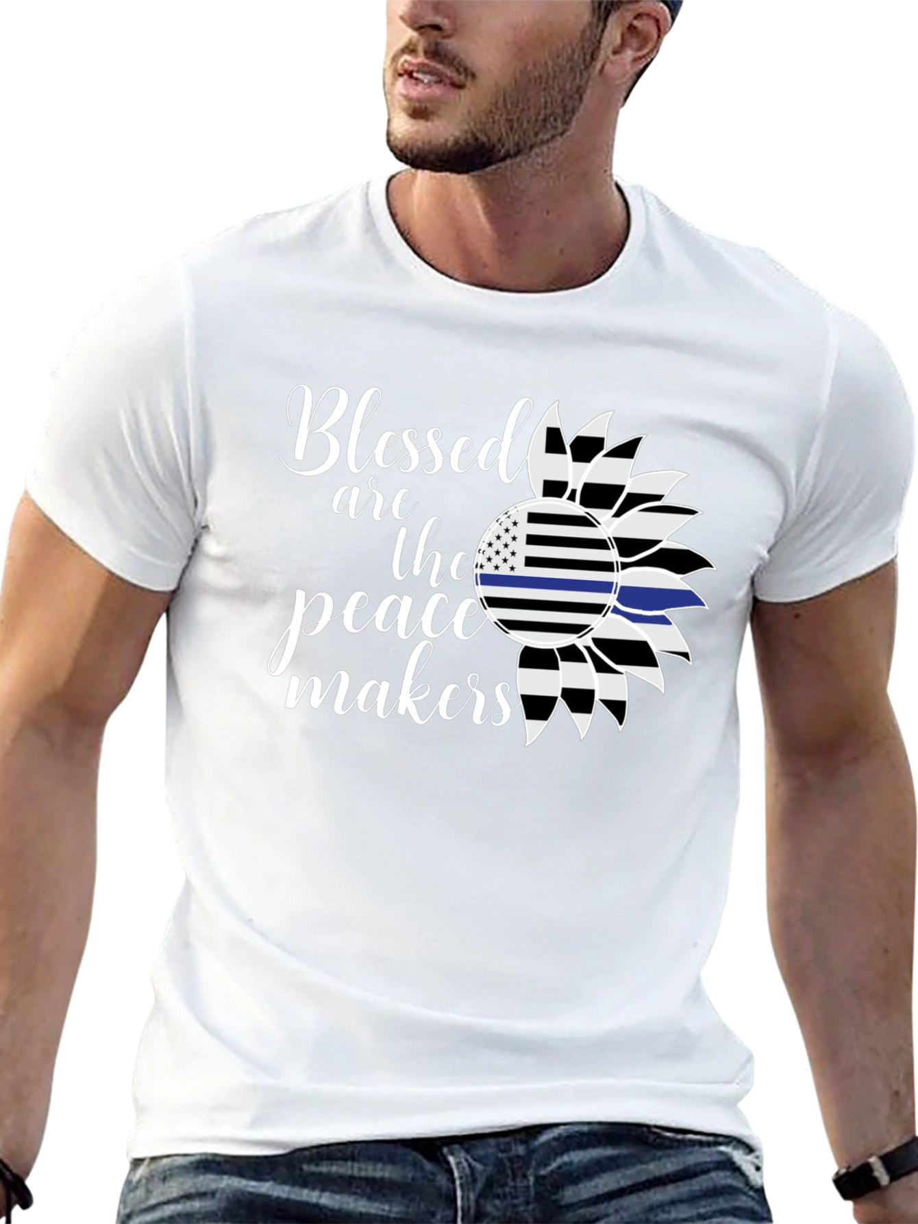 Black Blessed Peacemakers T-Shirt - Thin Blue Line Sunflower view 13
