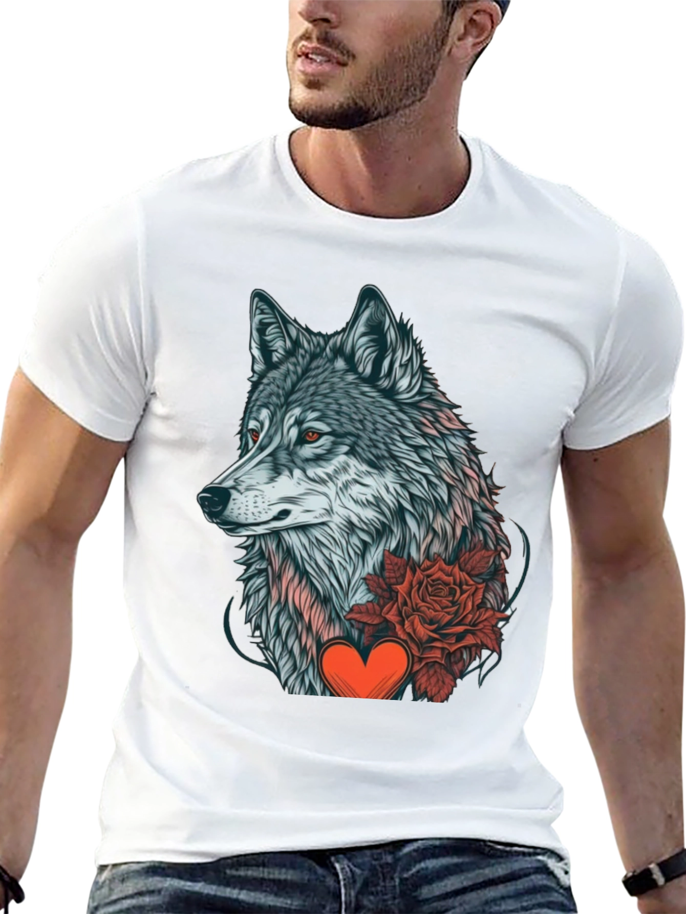 Black Wolf Rose Heart Graphic Black T-Shirt view 13