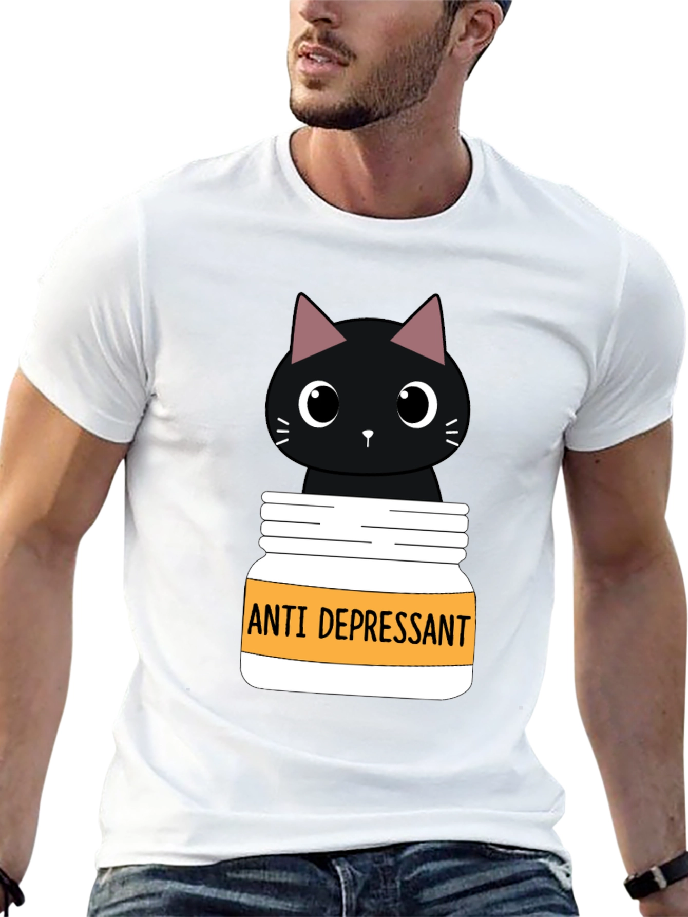 Black Anti Depressant Cat T-Shirt, Funny Graphic Tee view 13