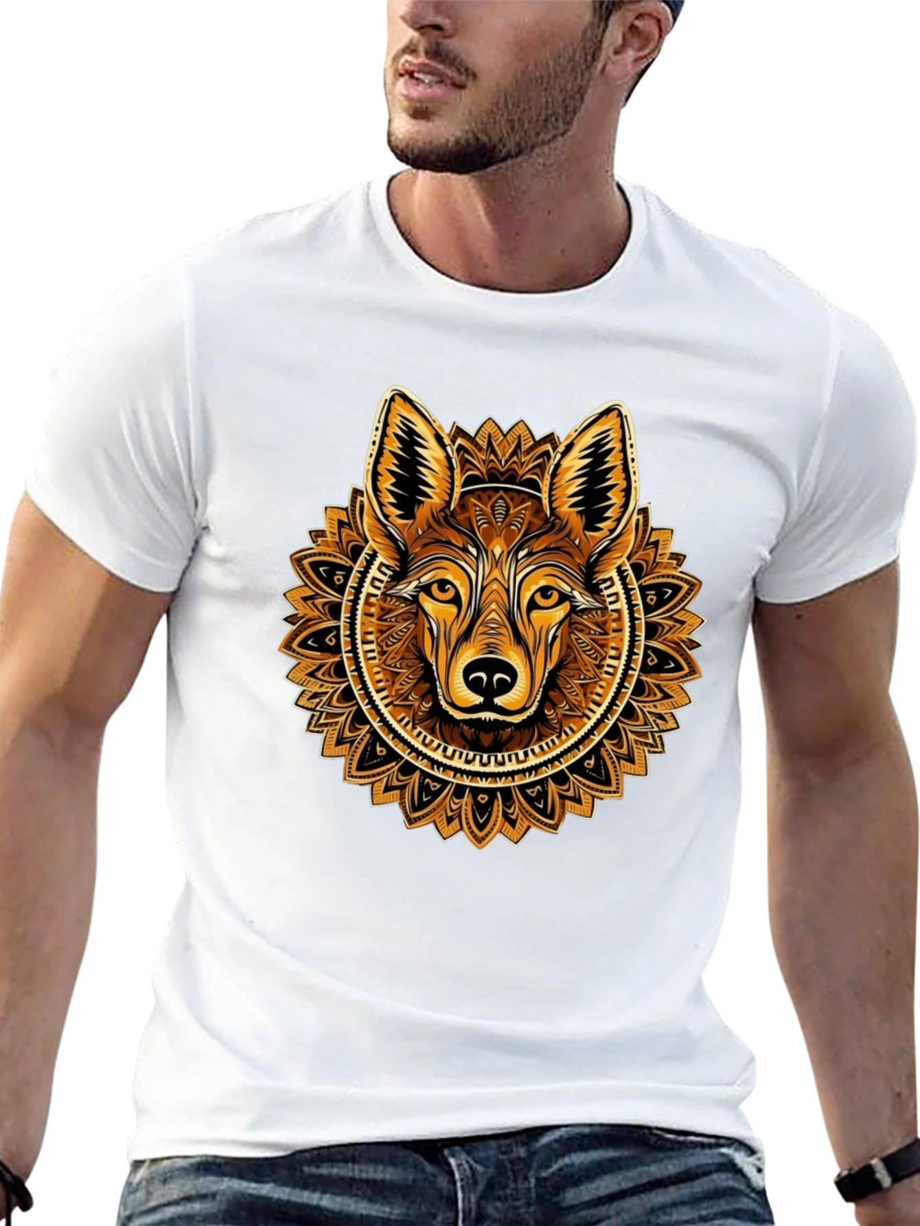 Black Wolf Mandala Graphic Tee - Trendy Crew Neck Shirt view 13