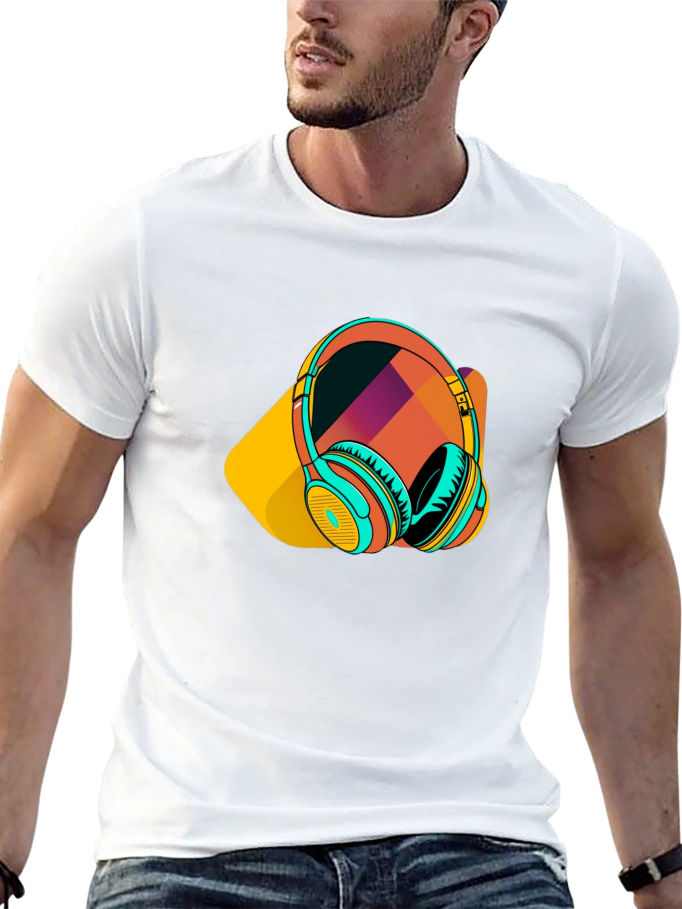 Black Stylish Black T-Shirt with Headphone Graphic view 13