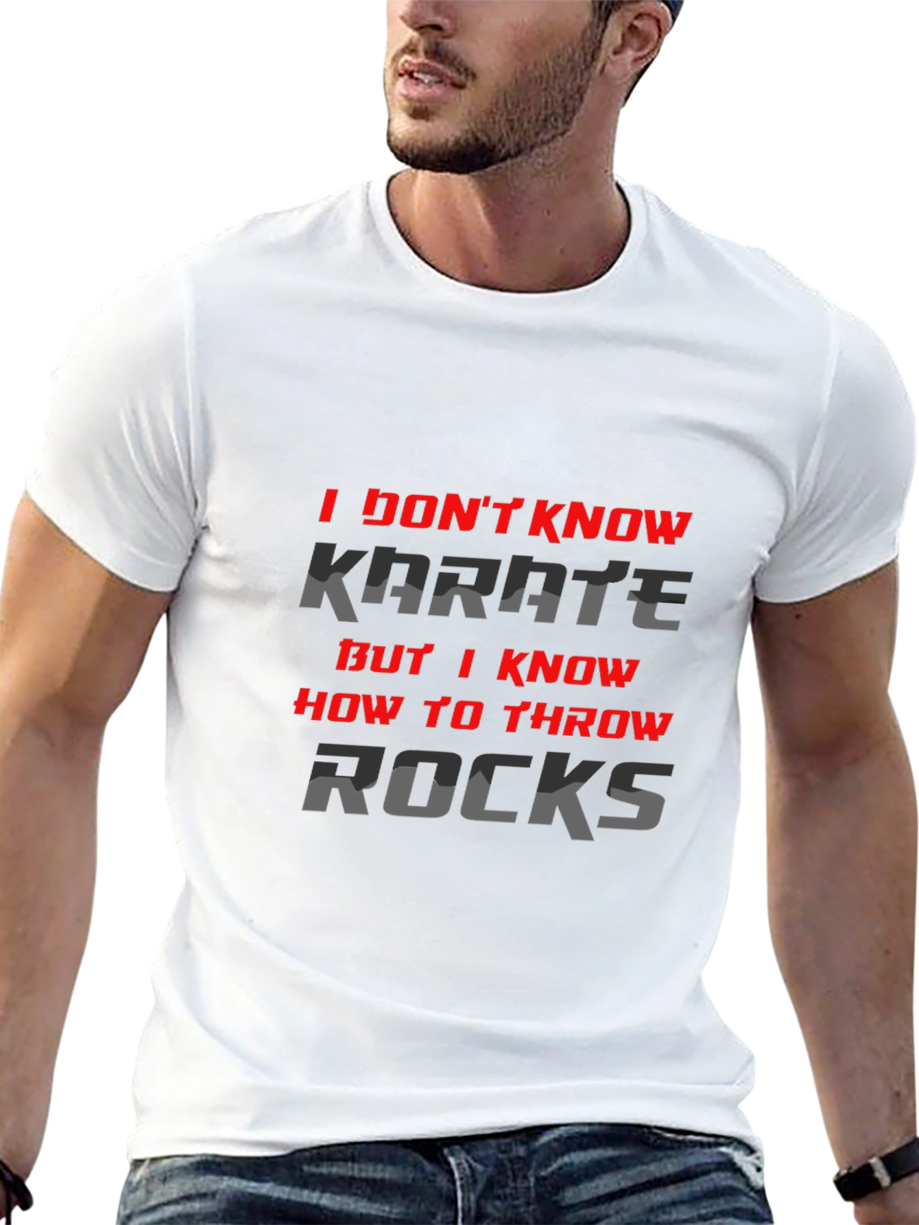 Black I Don't Know Karate, But I Throw Rocks T-Shirt view 13