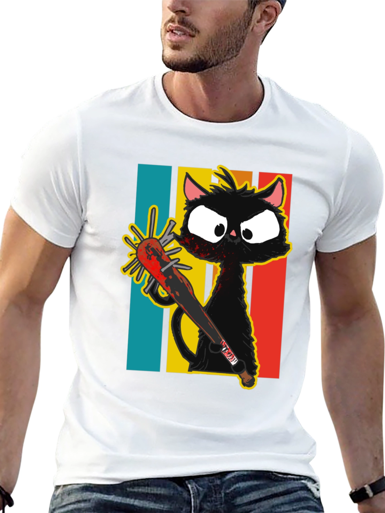 Black Crazy Cat Baseball Bat Graphic T-Shirt view 13