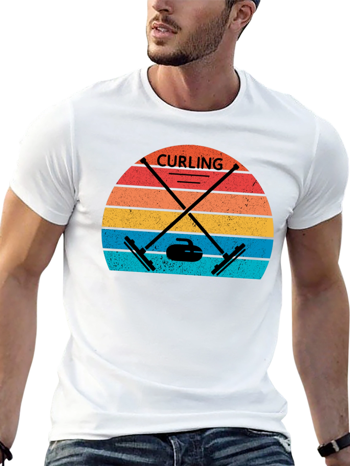 Black Retro Curling T-Shirt - Vintage Sunset Design view 13
