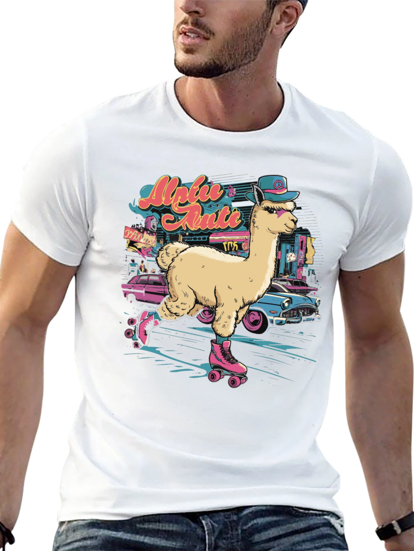 Black Retro Roller Skating Alpaca T-Shirt view 13