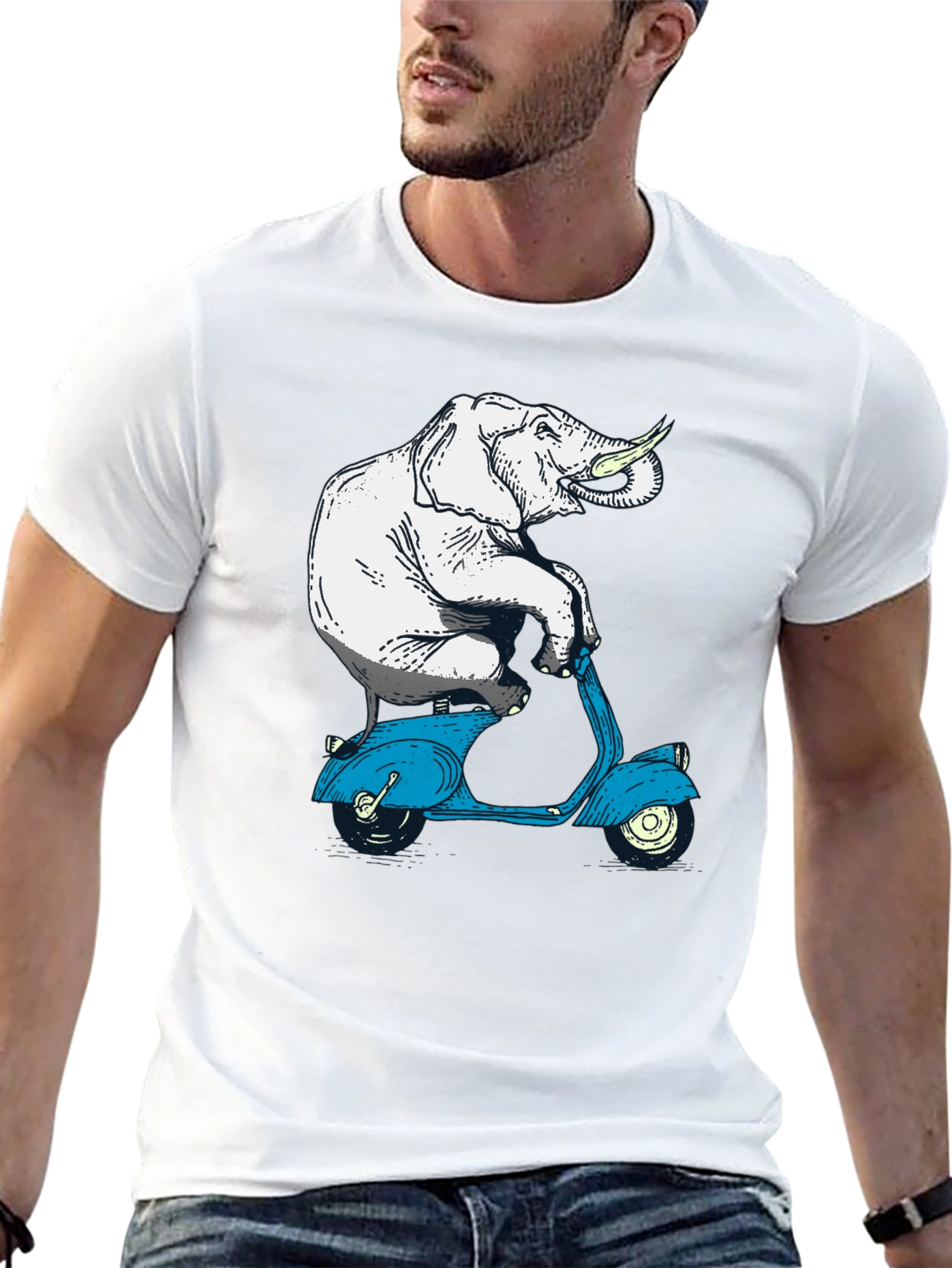 Black Elephant on Scooter Graphic Tee - Novelty Print T-Shirt view 13