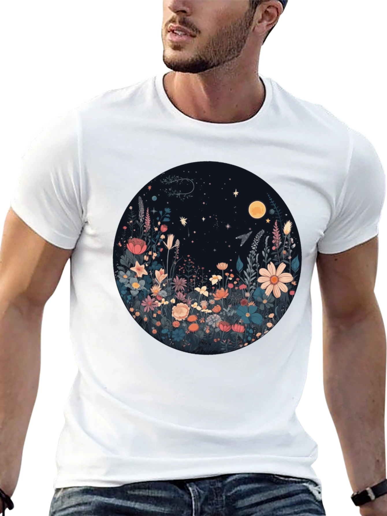 Black Floral Moon T-Shirt - Black Graphic Tee view 13