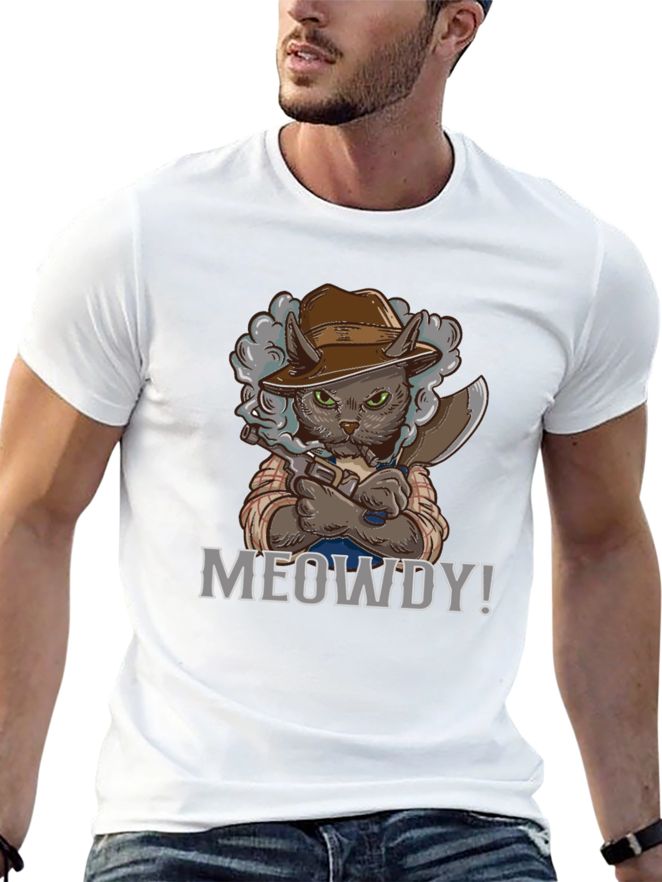 Black Meowdy Cat Cowboy Graphic T-Shirt view 13