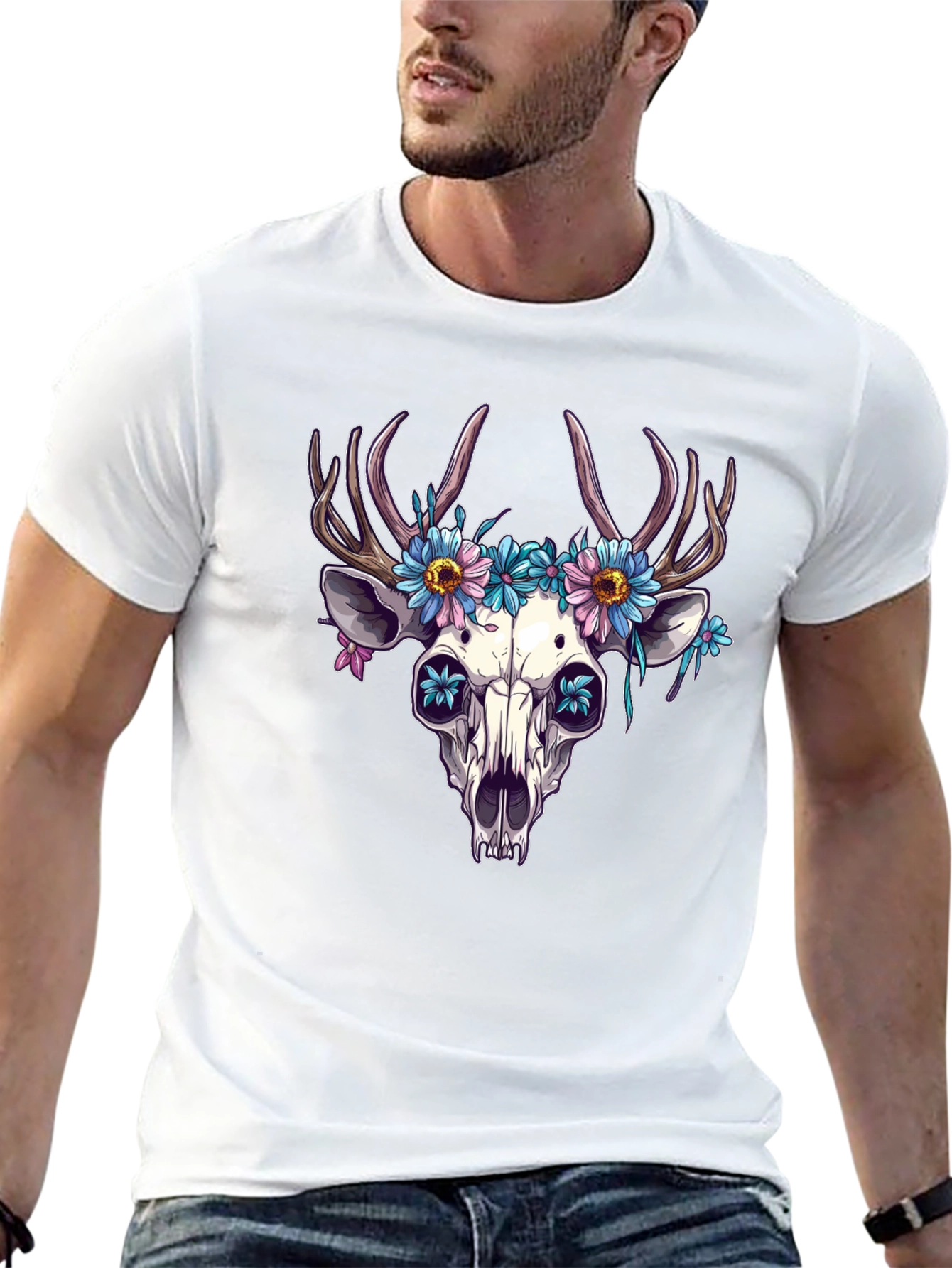Black Floral Deer Skull Graphic Tee - Edgy Style view 13