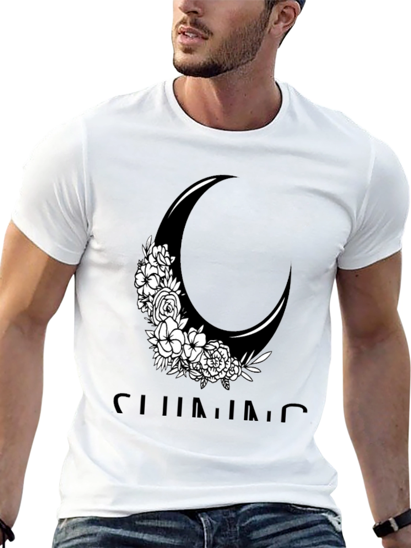 Black Floral Crescent Moon Graphic Tee - Black Cotton Casual Shirt view 13