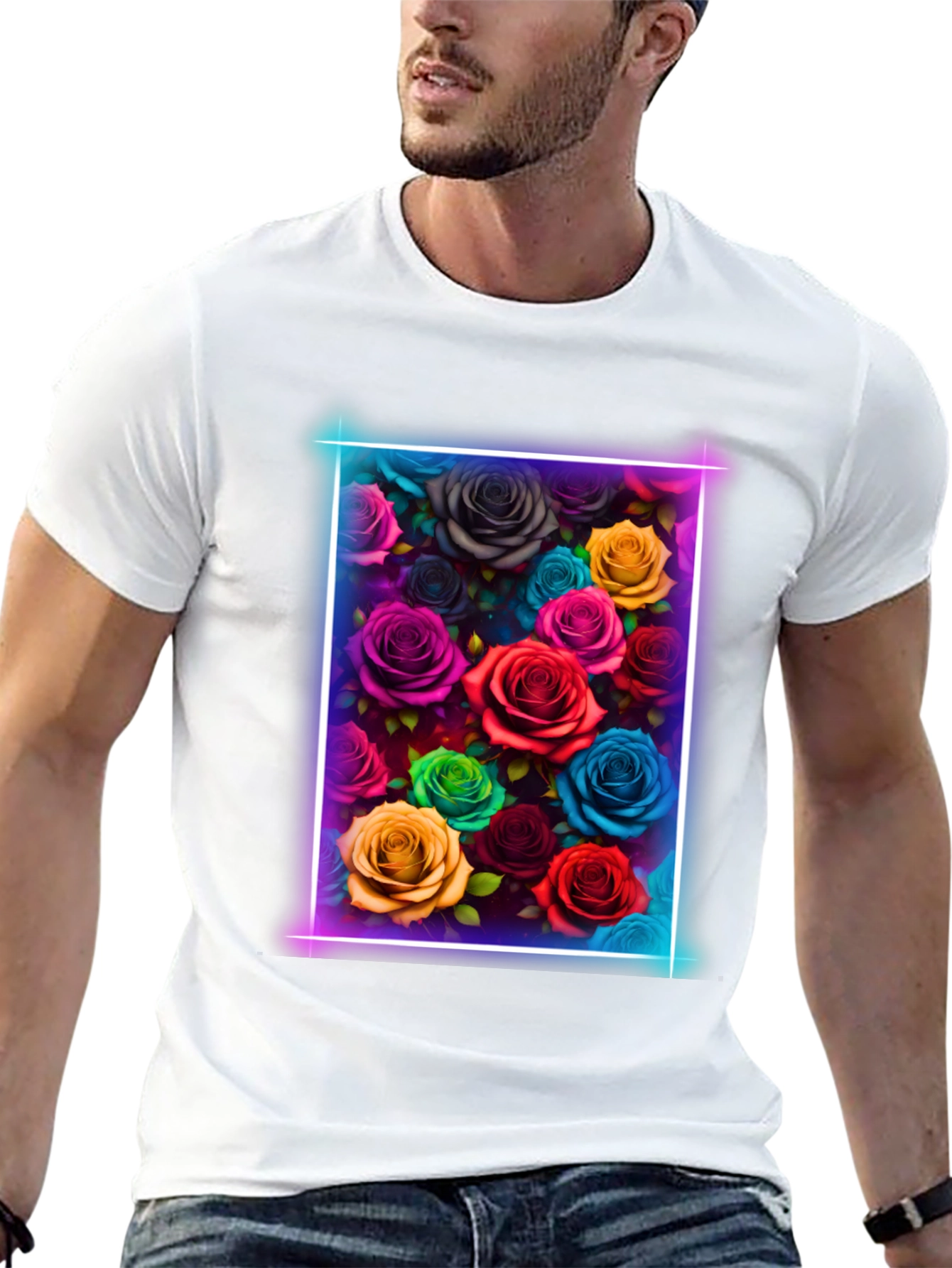 Black Neon Roses Graphic Tee - Vibrant Floral Design view 13