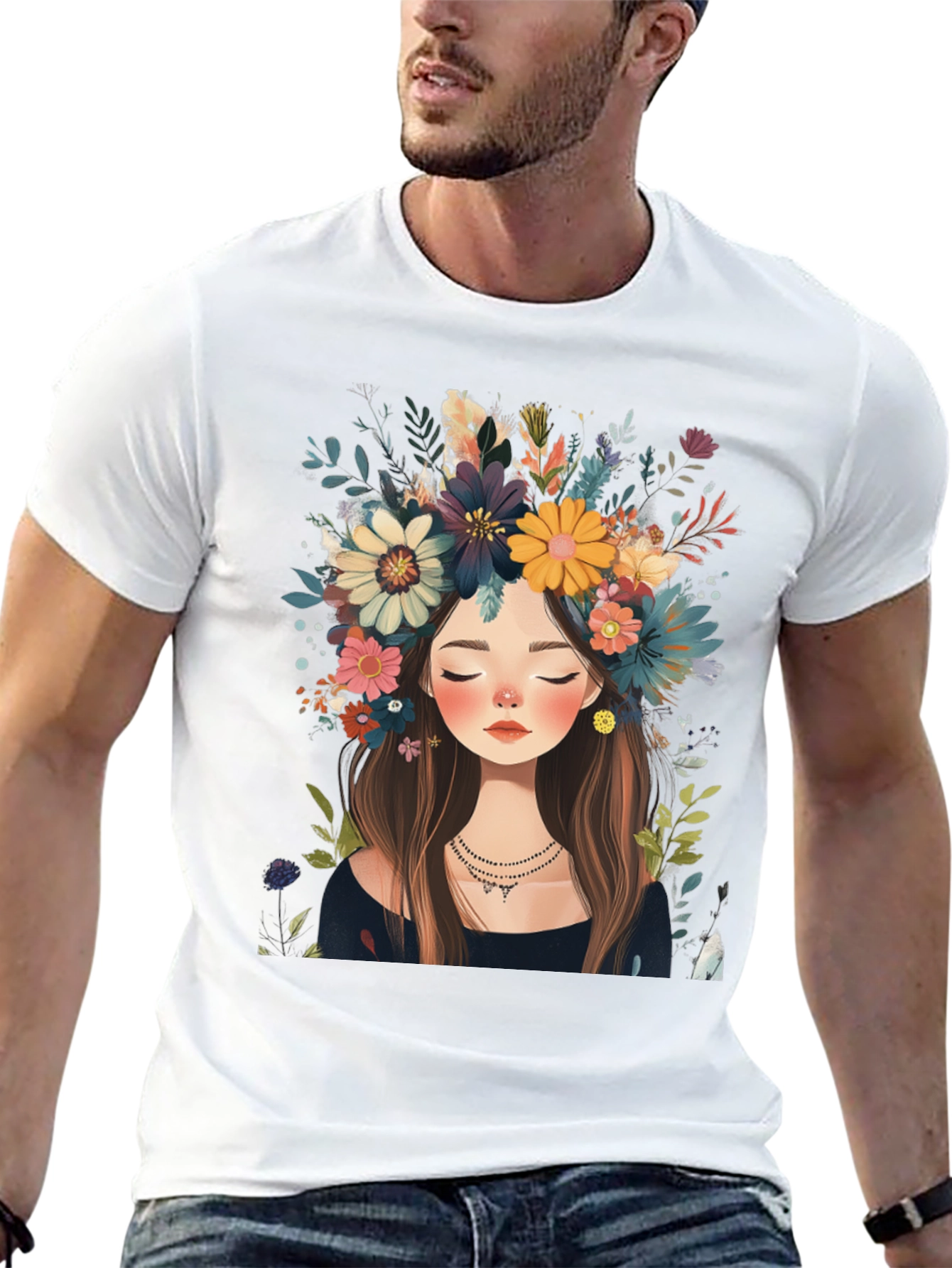 Black Floral Crown Girl Black T-Shirt view 13