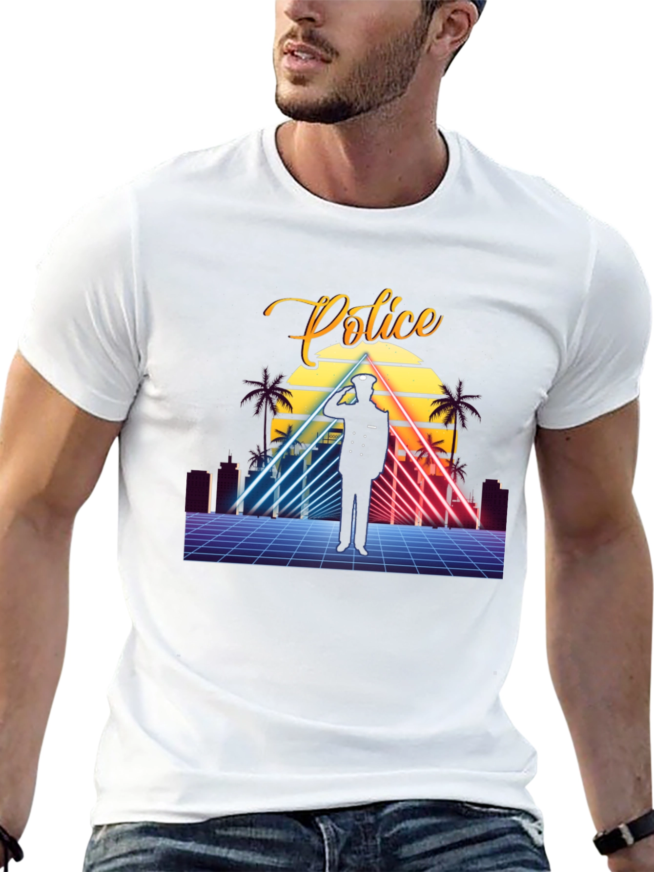 Black Retro Police Graphic T-Shirt - Synthwave Design view 13