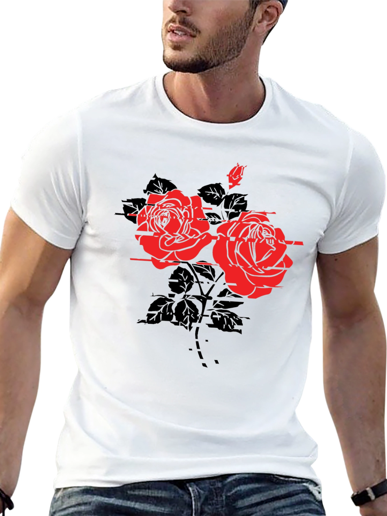 Black Edgy Floral Tee - Black Rose Graphic T-Shirt view 13