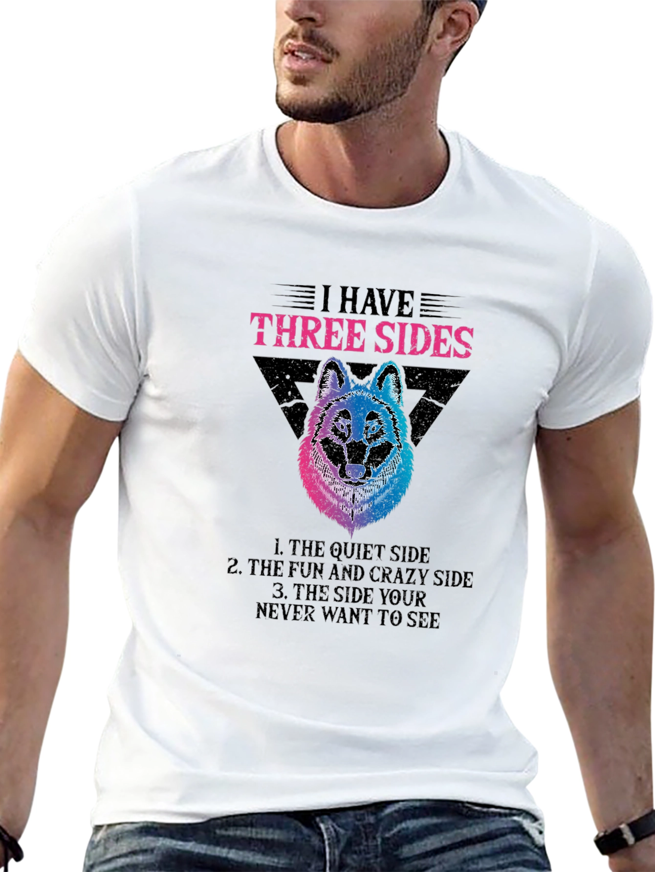 Black I Have Three Sides Wolf Graphic T-Shirt view 13