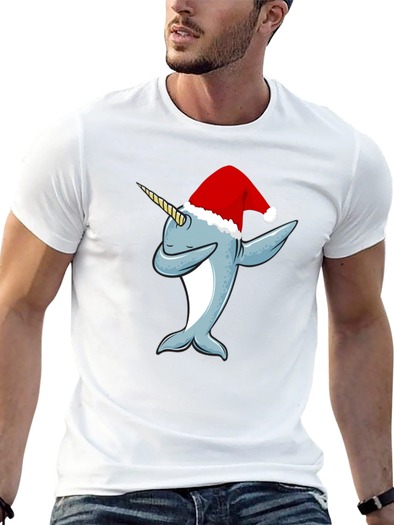 Black Dabbing Narwhal Christmas T-Shirt view 13