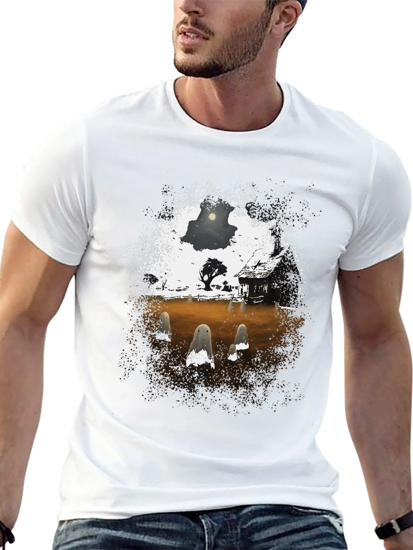 Black Spooky Ghost Scene Graphic T-Shirt view 13