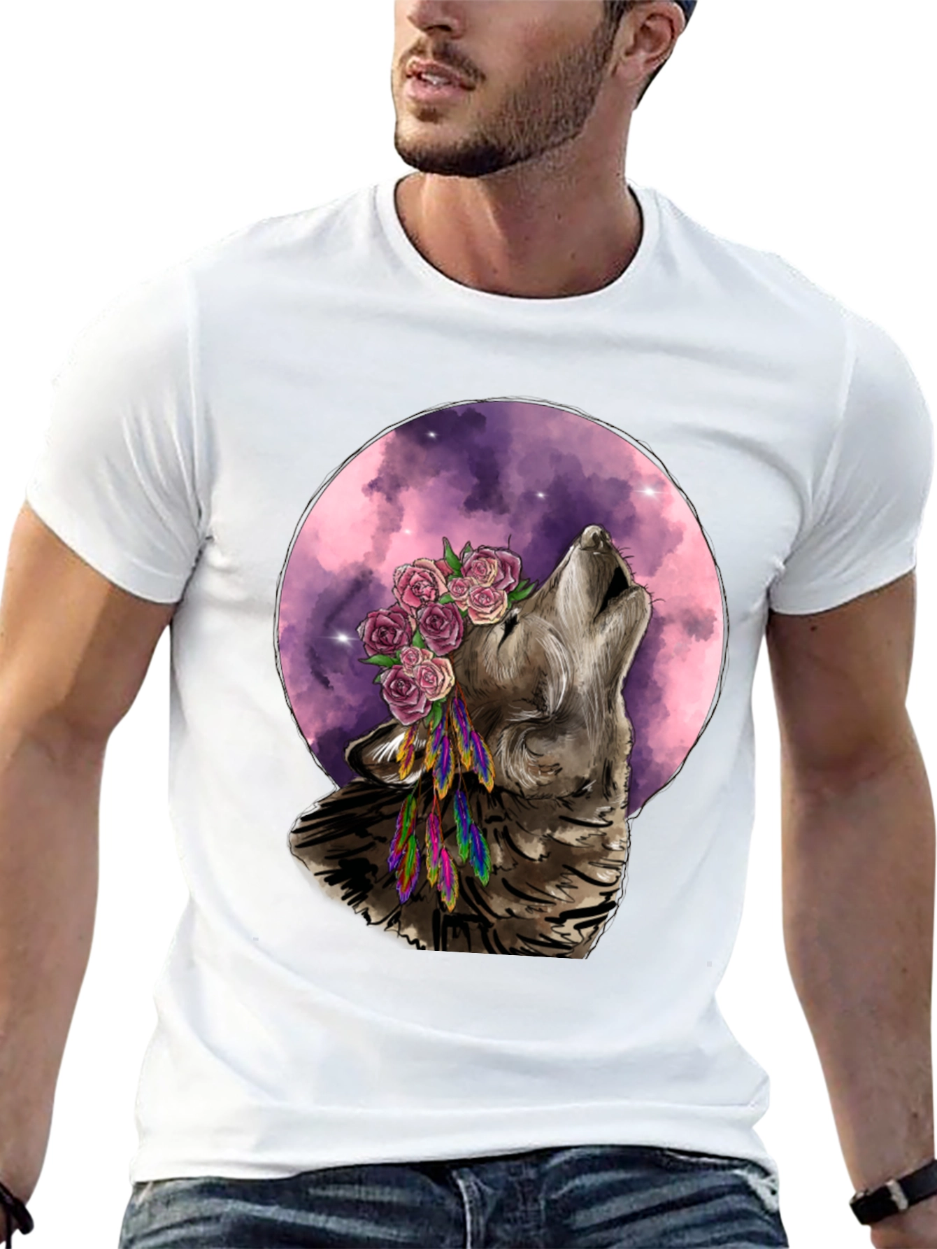 Black Wolf Moon Flower Crown T-Shirt - Nature Inspired Graphic Tee view 13