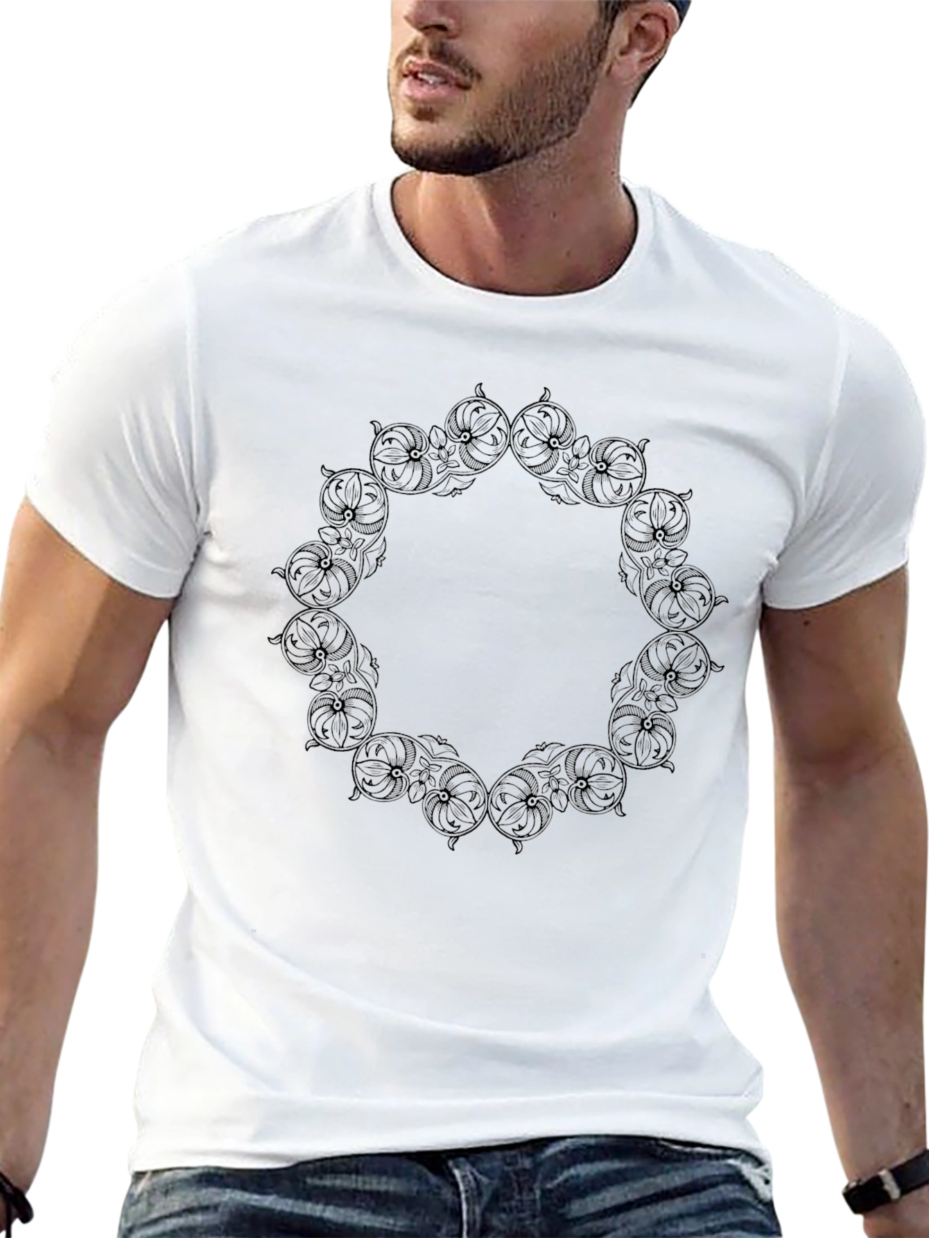 Black Black Graphic Tee - Ornate Circle Design view 13