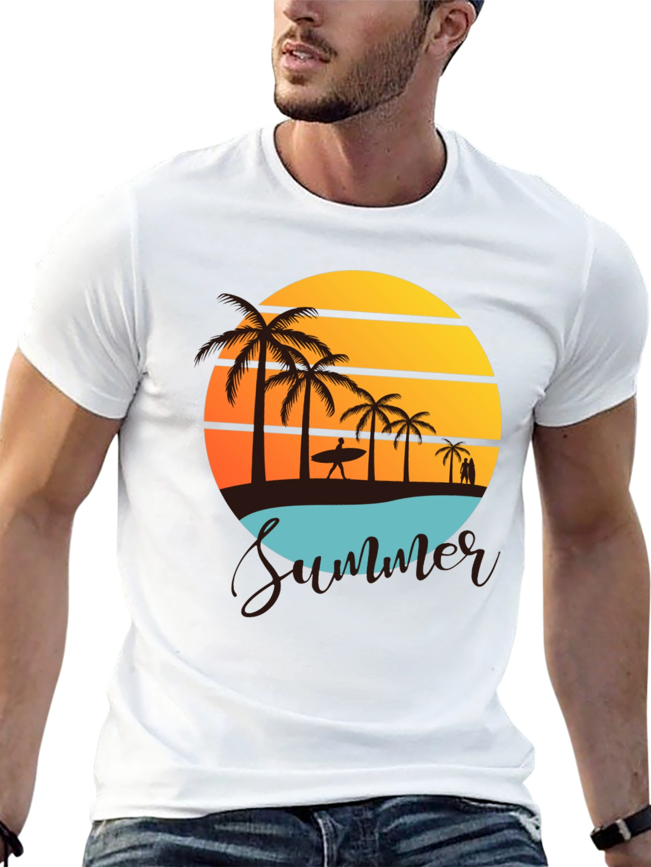 Black Summer Beach Graphic Tee - Palm Trees & Sunset view 13