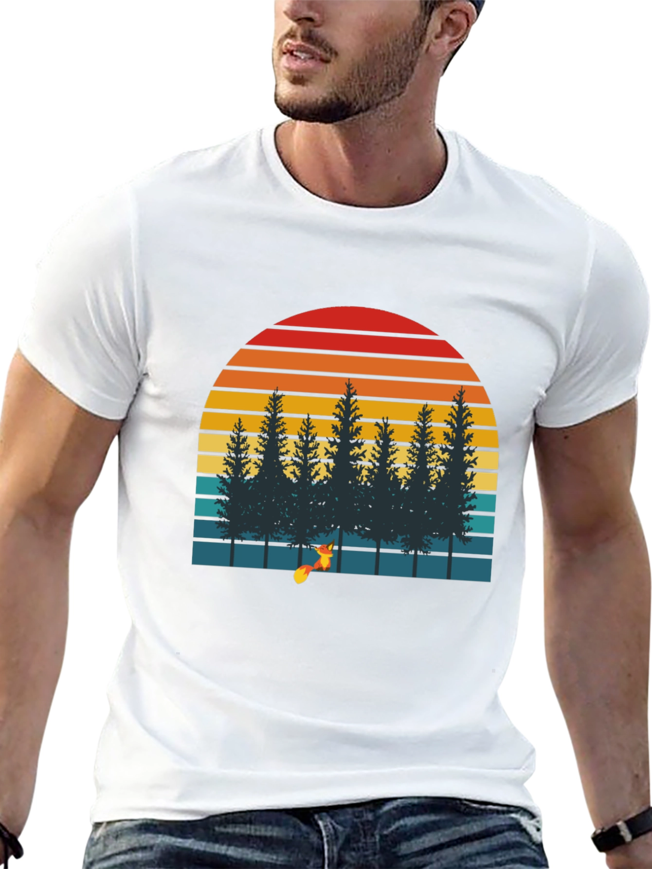 Black Retro Sunset Forest Fox Graphic T-Shirt view 13