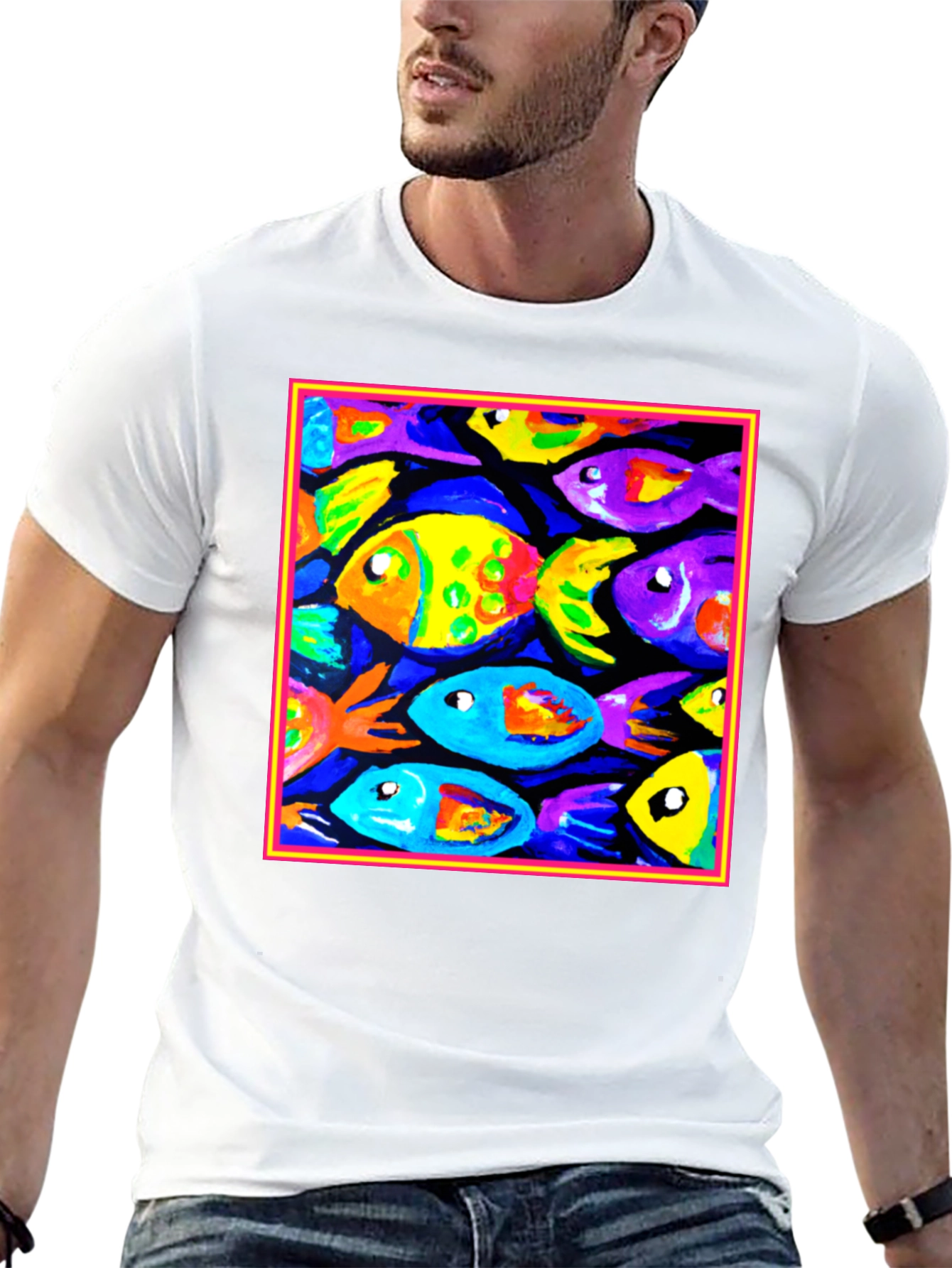 Black Colorful Fish Art Graphic T-Shirt view 13