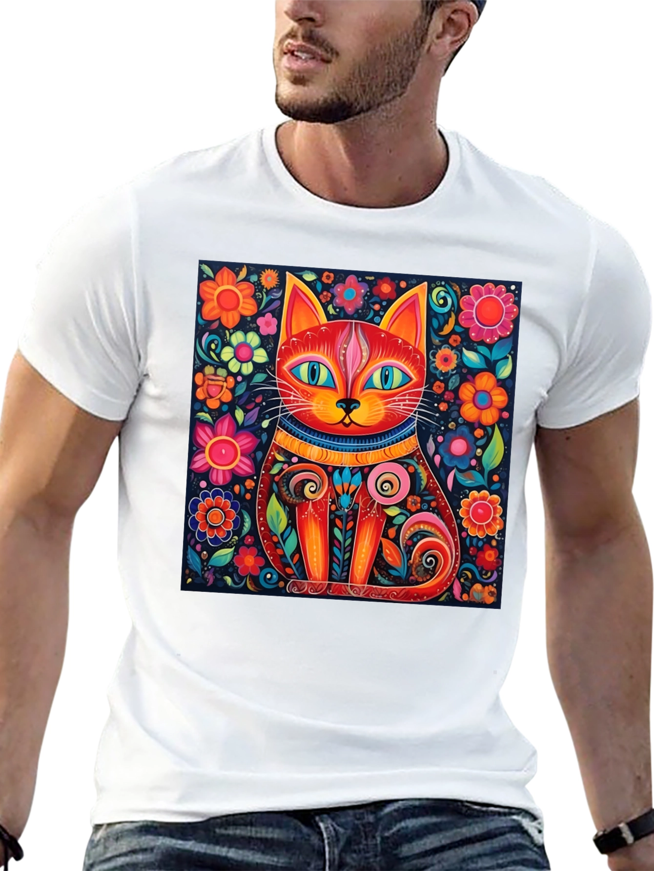 Black Colorful Cat Art T-Shirt - Whimsical Floral Feline Design view 13