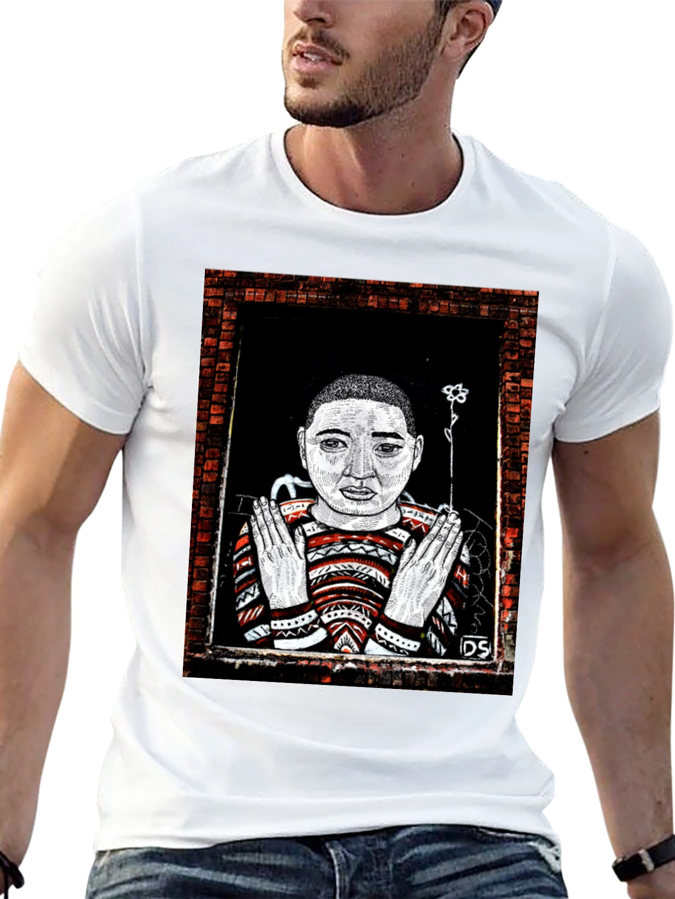 Black Unique Graphic Print Tee - Artistic Portrait Design view 13