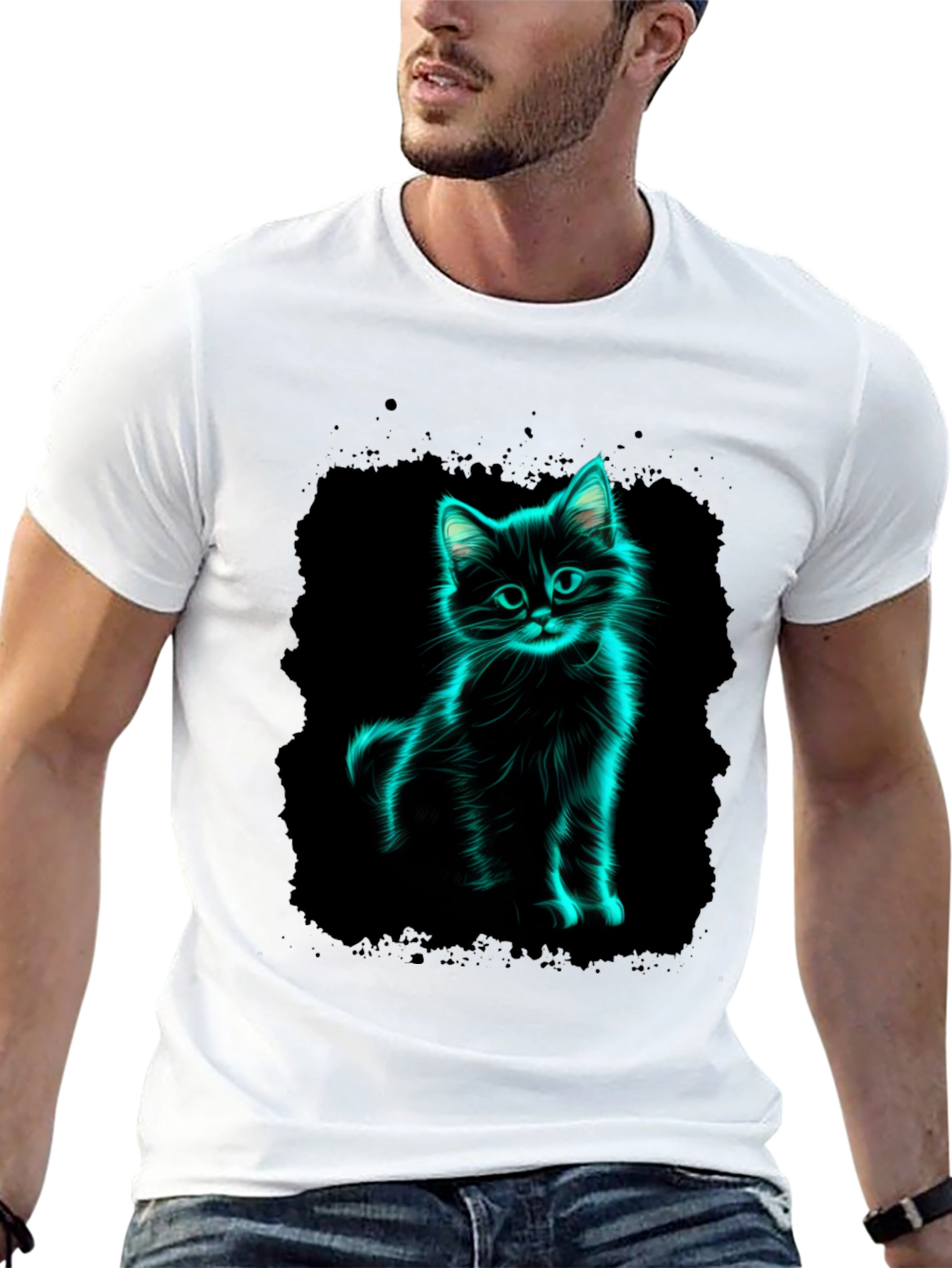 Black Neon Cat Graphic Black T-Shirt view 13