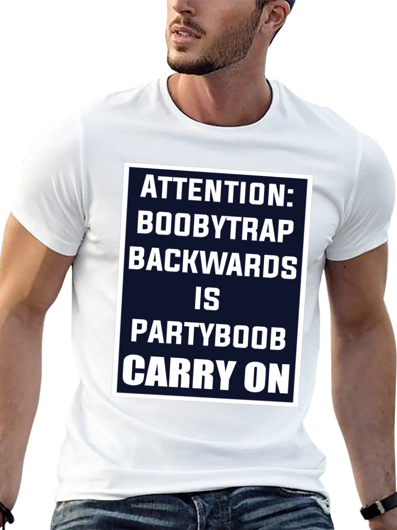Black Attention Boobytrap Partyboob Funny T-Shirt view 13