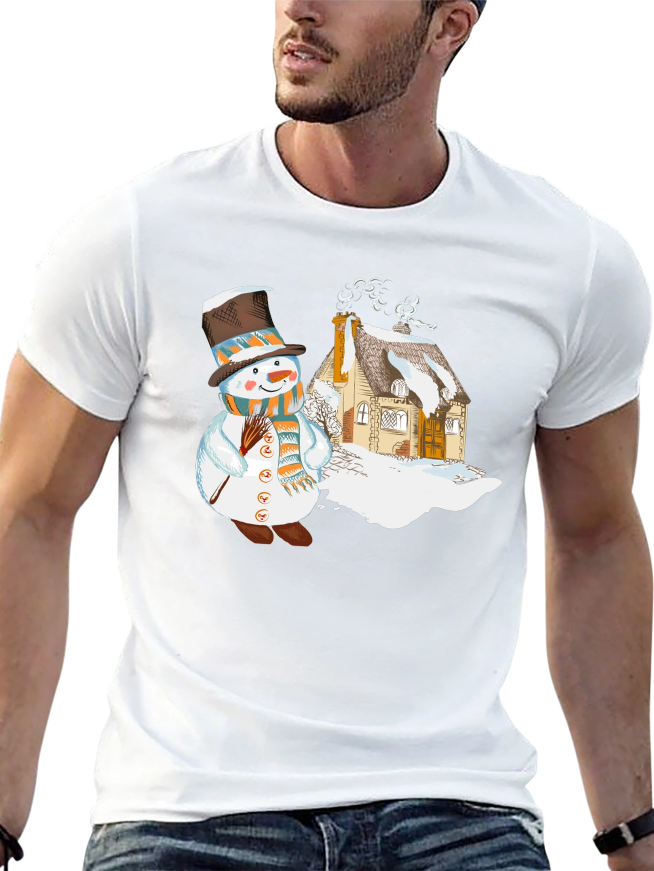 Black Snowman & Cottage Graphic T-Shirt view 13