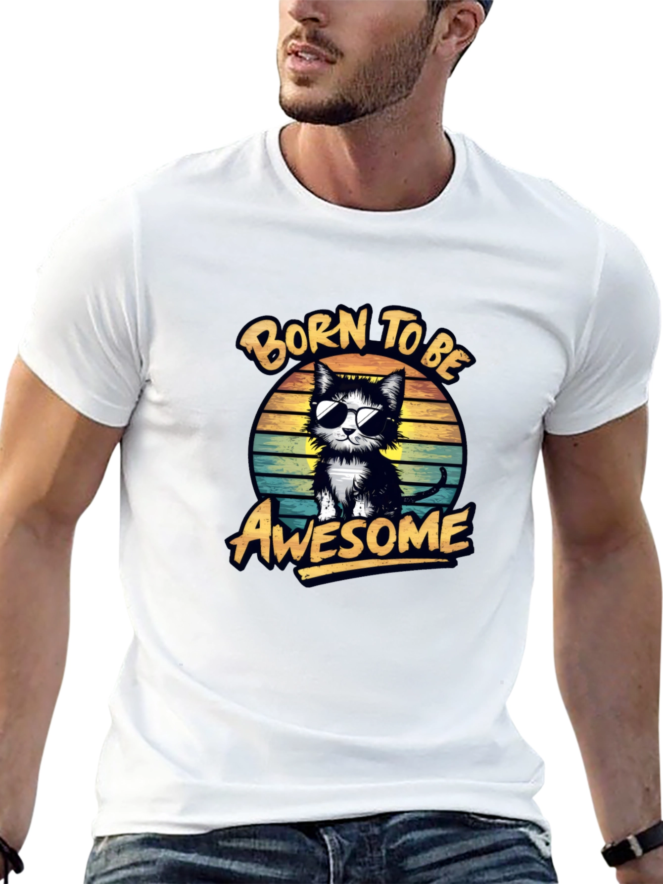 Black Born to be Awesome Cat Graphic Tee view 13