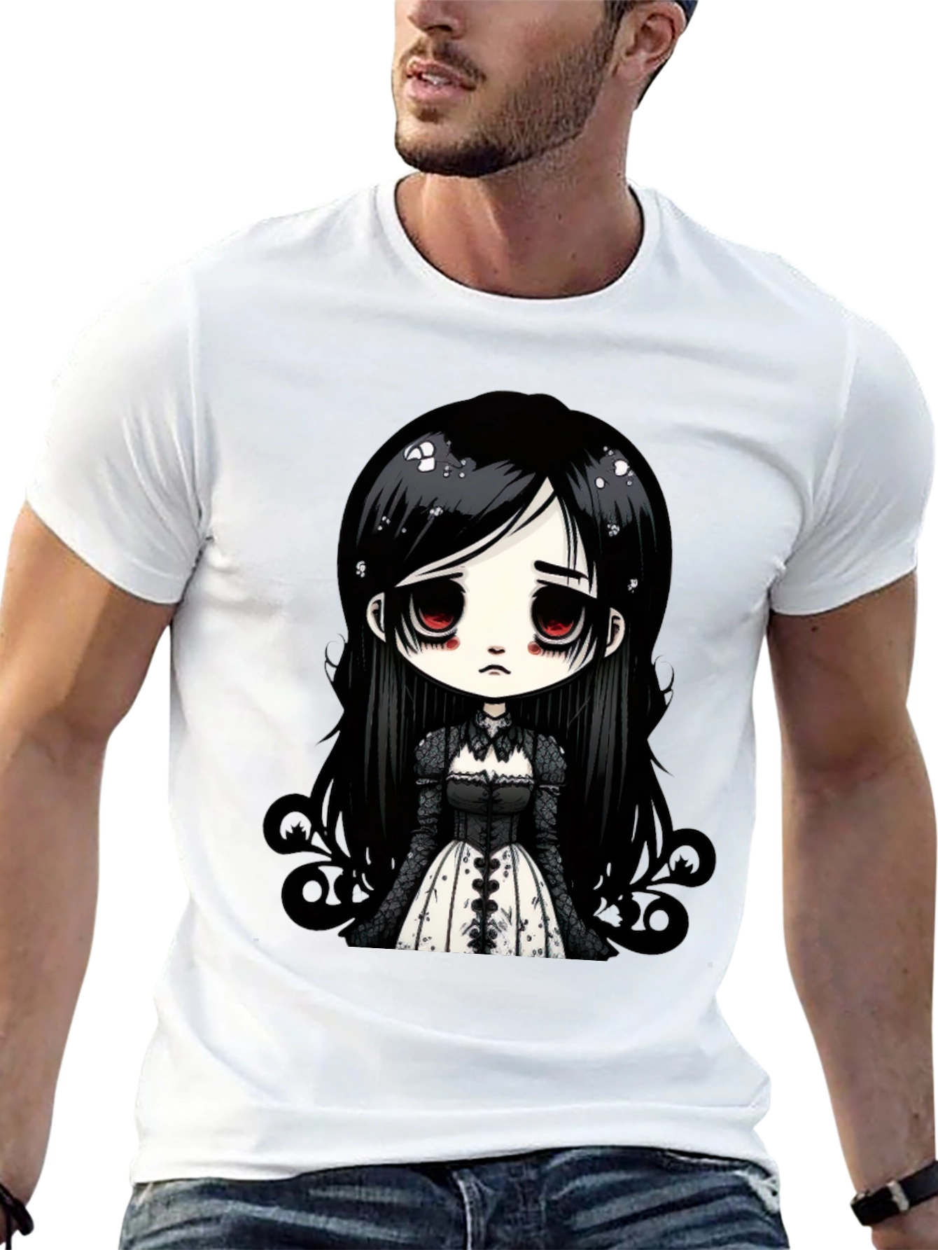 Black Gothic Doll T-Shirt - Emo Anime Style Black Tee view 13