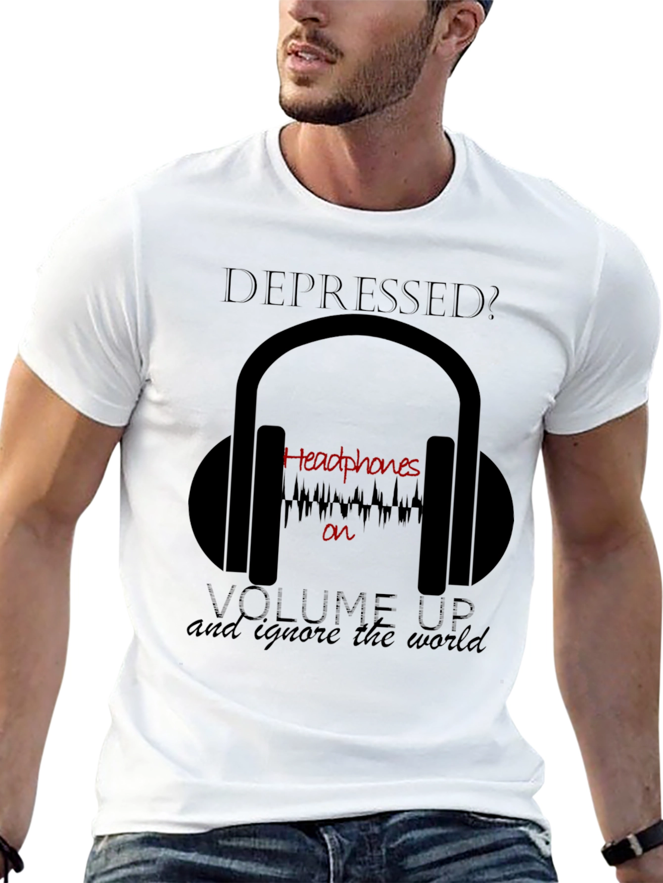 Black Depressed? Headphones T-Shirt - Ignore the World view 13