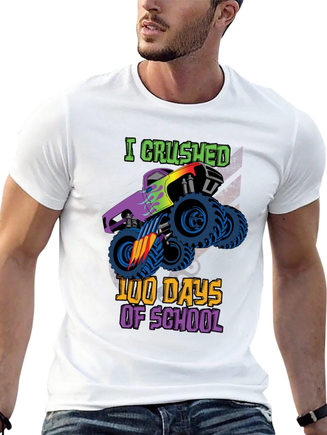 Black Crushed 100 Days of School Monster Truck T-Shirt view 13