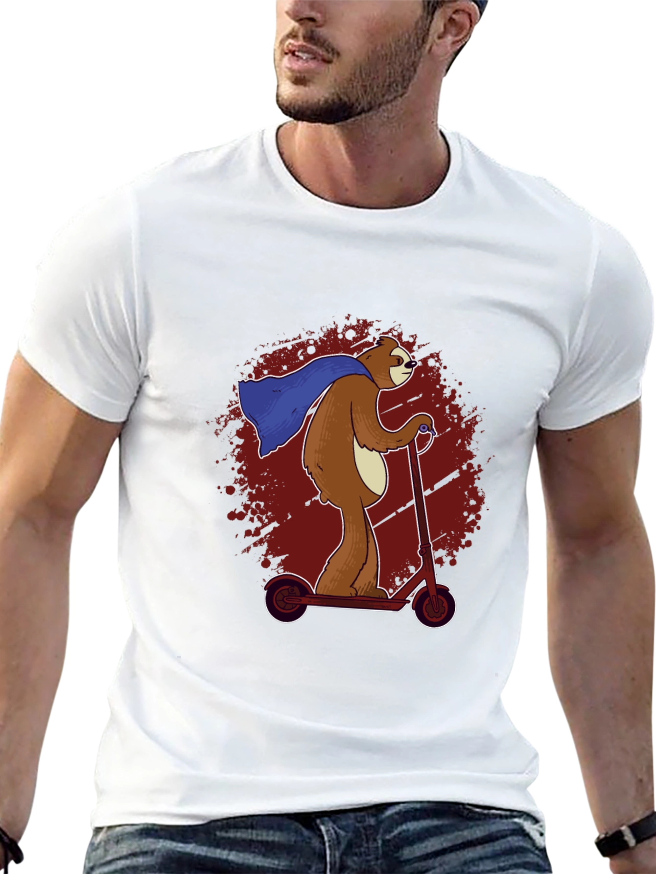 Black Superhero Sloth Scooter T-Shirt -  Funny Sloth Cape Design view 13