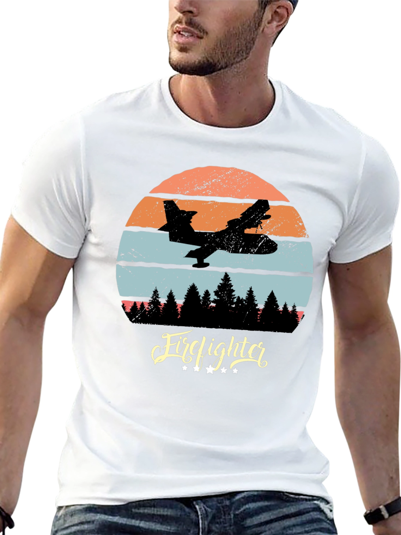 Black Firefighter Plane Retro T-Shirt view 13