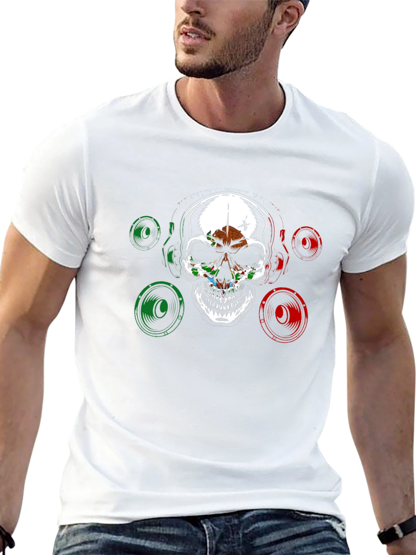 Black Skull & Speaker Graphic Tee - Mexican Flag Design view 13