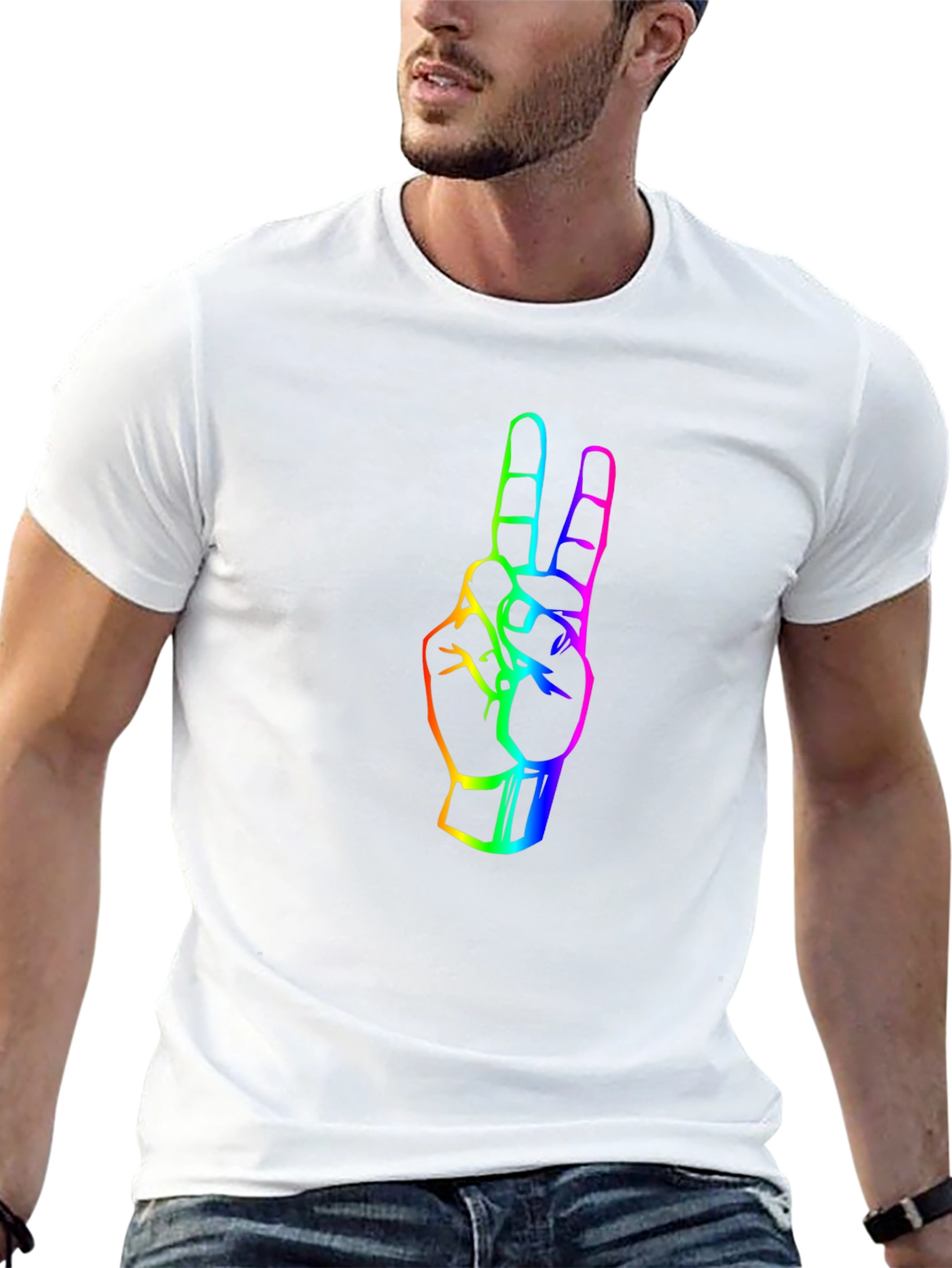 Black Rainbow Peace Sign Graphic Tee - Black Cotton T-Shirt view 13