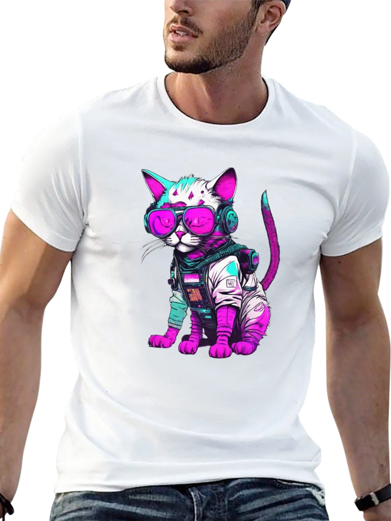 Black Cyberpunk Cat T-Shirt - Futuristic Feline Fashion view 13