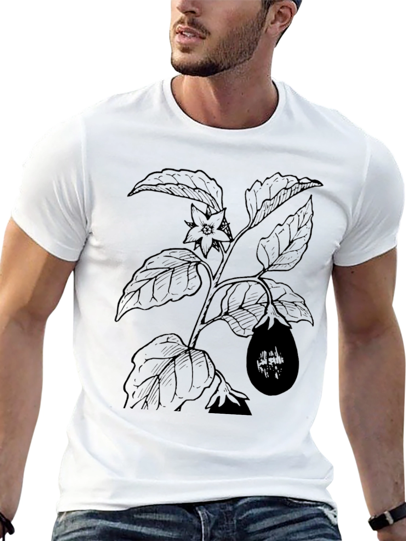 Botanical Eggplant Print Black T-Shirt - 13