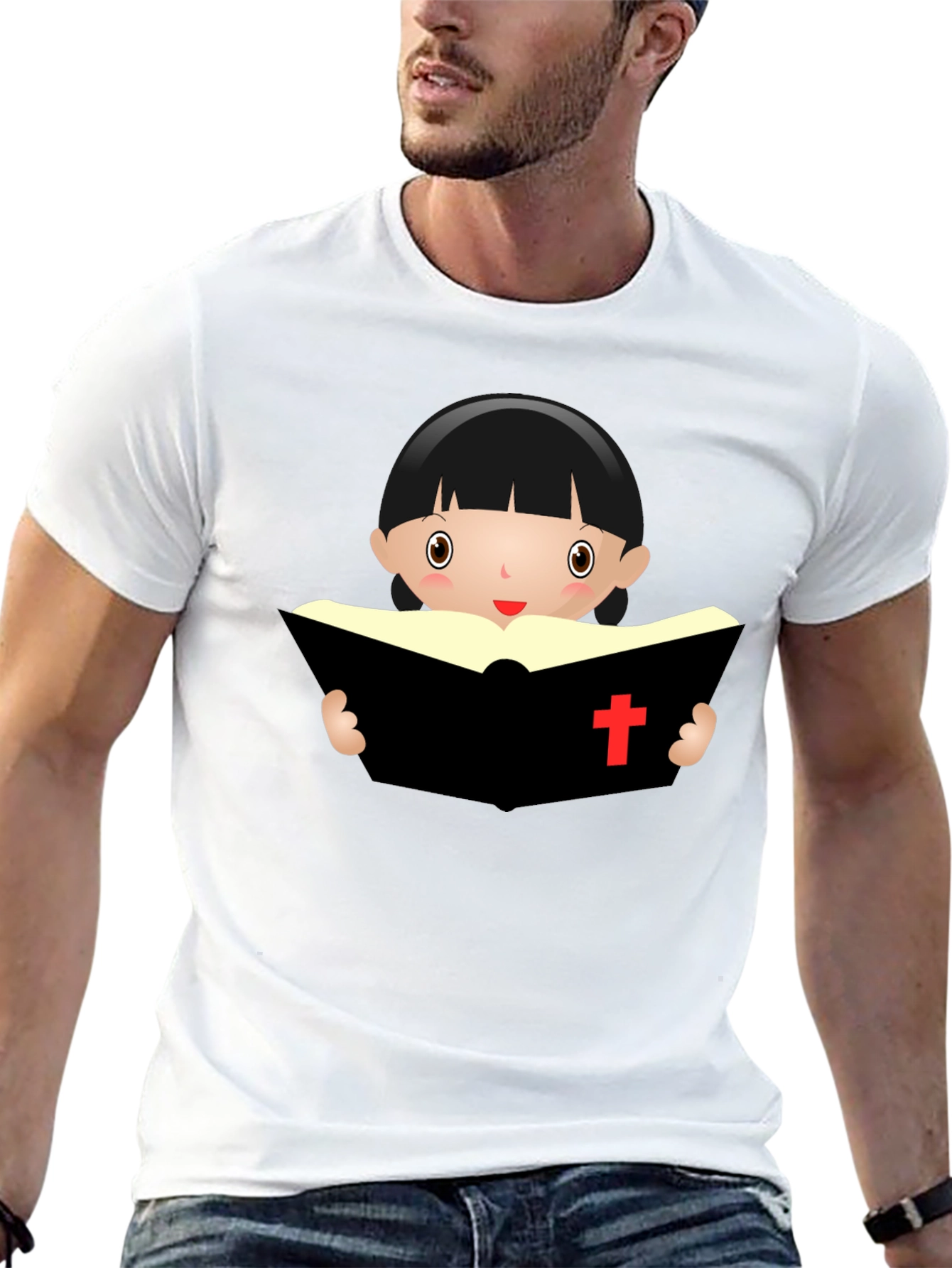 Black Cartoon Girl Reading Book - Black T-Shirt view 13