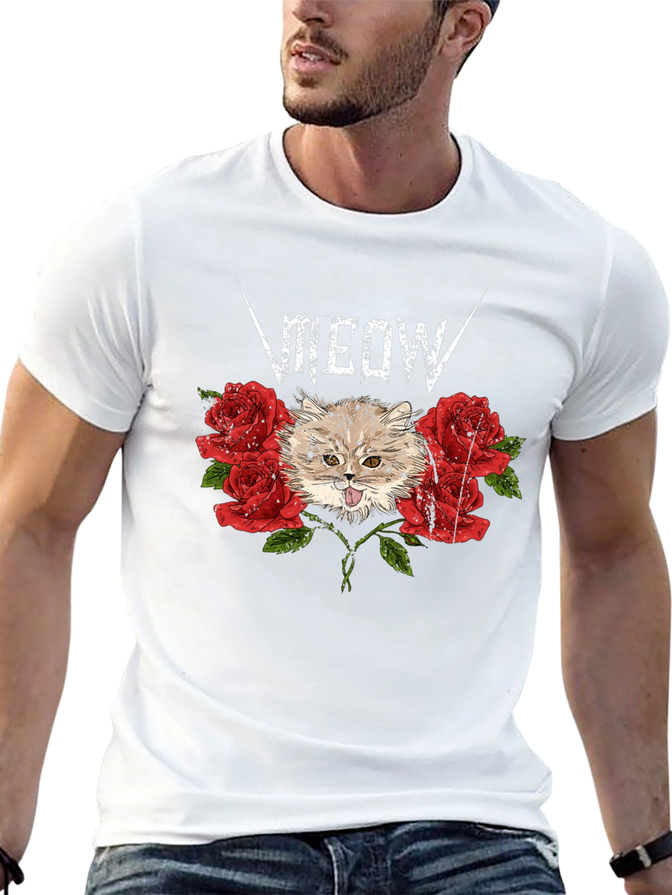 Black Meow Heavy Metal Cat & Roses Black T-Shirt view 13