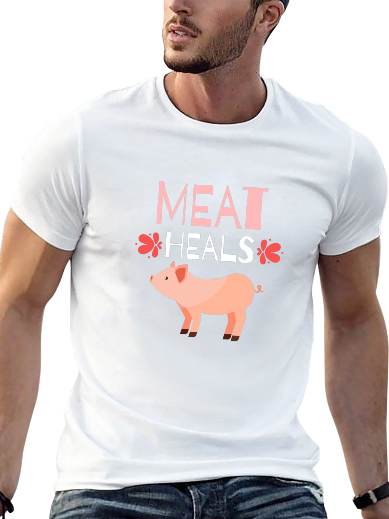 Black Meat Heals Pig Graphic T-Shirt, Black Tee view 13