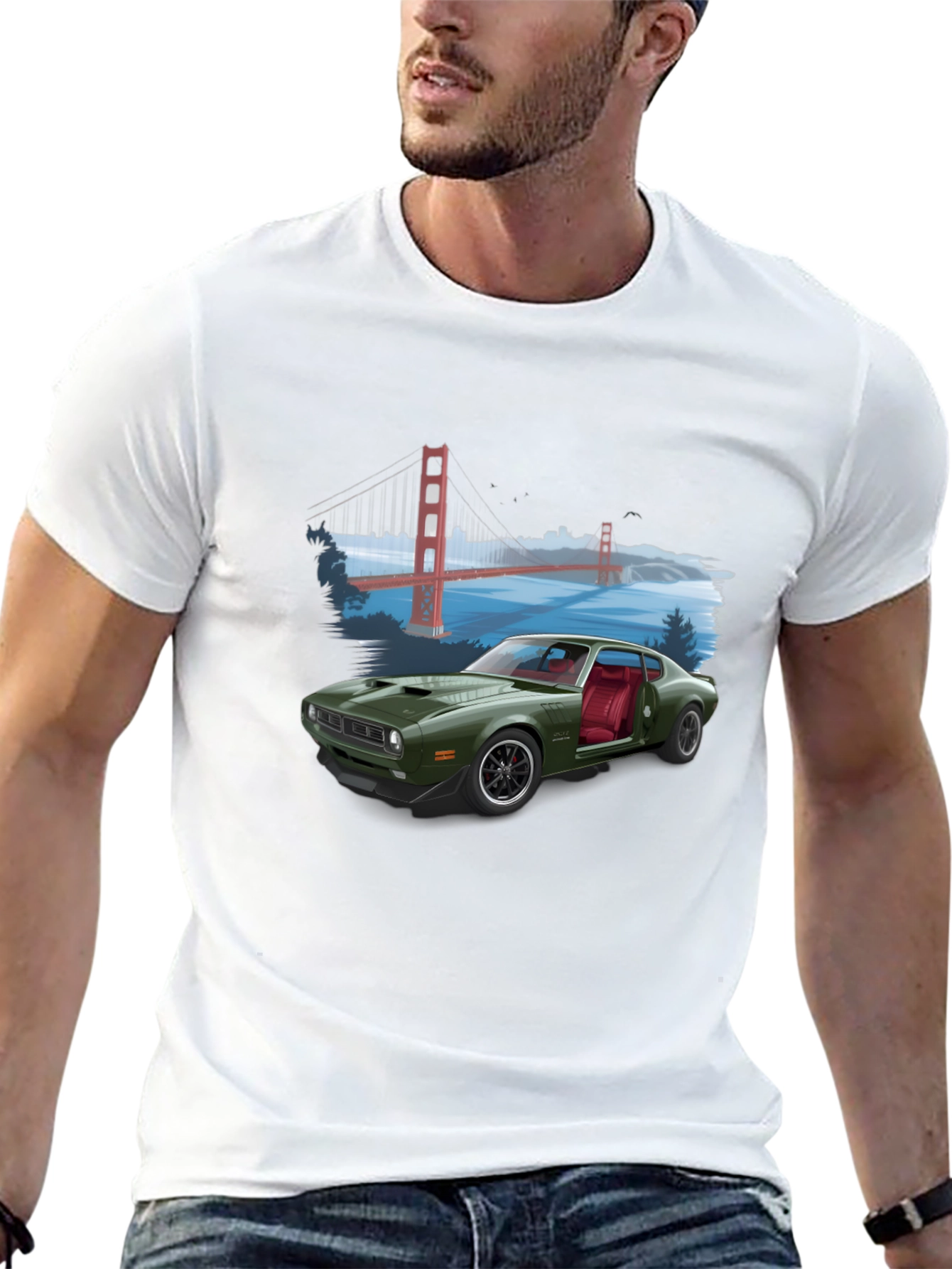 Black Retro Car & Bridge T-Shirt - Unique Graphic Tee view 13