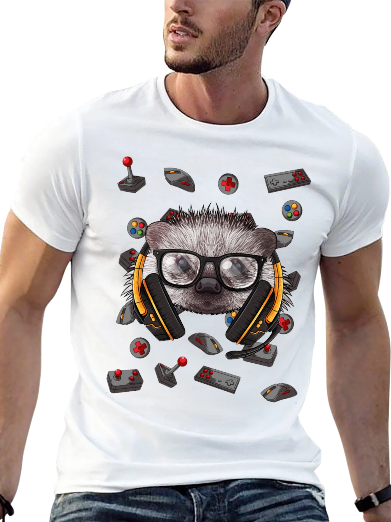 Black Gamer Hedgehog Graphic Tee - Black Cotton T-Shirt view 13